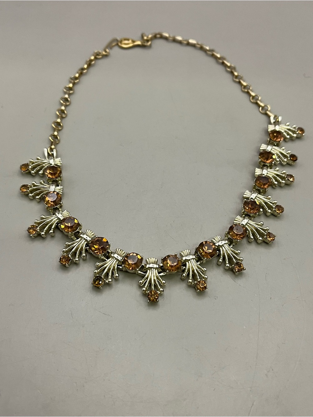 Vintage 1950s 1960s Gold Tone Amber Rhinestone Crystal Bib Statement Necklace